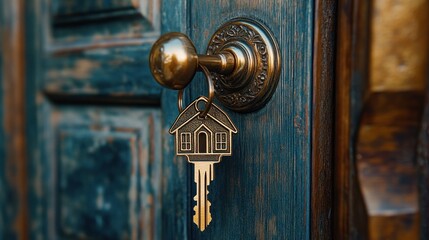 Fototapeta premium A hand is carefully placing a golden key into a vintage doorknob accompanied by a decorative home-shaped keychain inviting entry