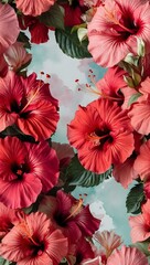 Radiant Red Hibiscus Background: A Bright and Cheerful Composition of Red Hibiscus Flowers with Green Foliage
