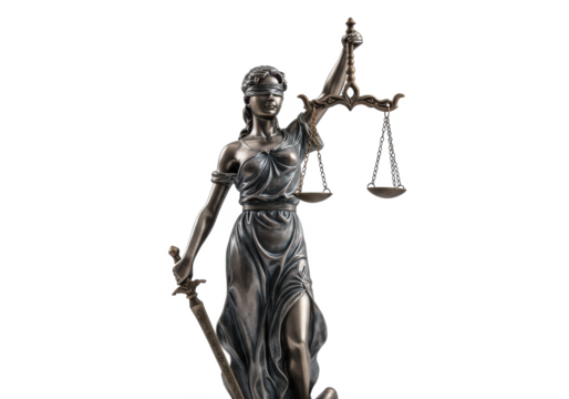 A metallic Lady Justice statue holding scales, isolated on white background