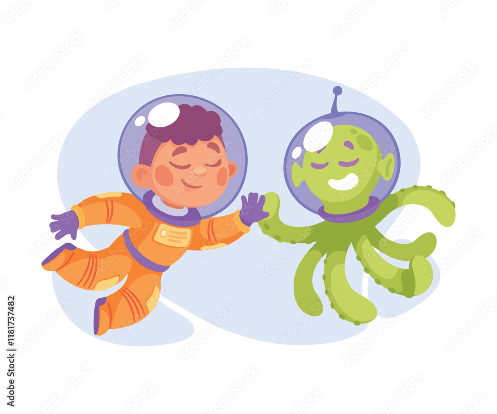Poster girl astronaut character with alien in outer space exploring universe vector illustration
