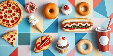 Fast food abstract modern geometric pattern in retro mosaic, vector background. Fast food pizza, burger and ice cream with hot dog sandwich and donut with cupcake and soda drink in geometric pattern