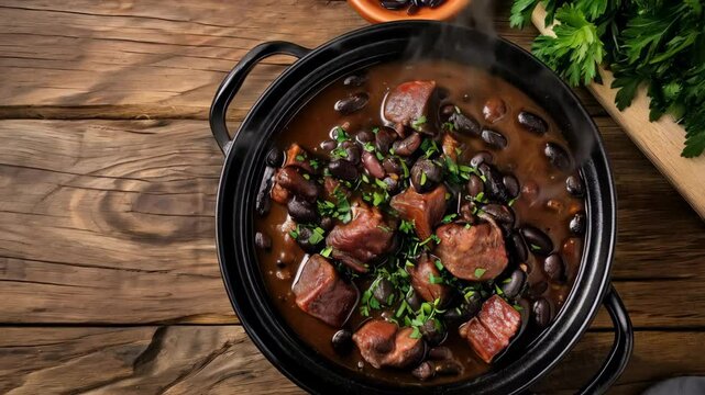 A rustic pot of steaming black bean stew with sausage and parsley on a wooden table with fresh herbs