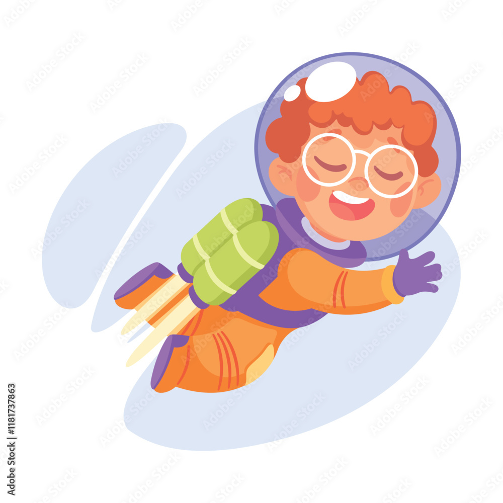 Poster boy astronaut character in outer space exploring universe vector illustration