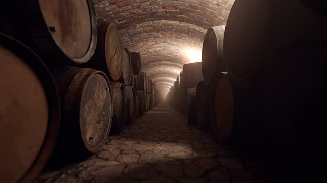 Old wine cellar with endless barrels, 3D animation