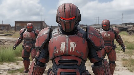Three rusty red armored soldiers in a wasteland.