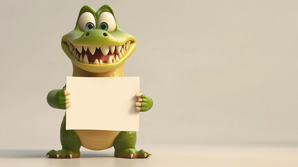A cartoon crocodile character holding a blank sign, ready for a message or announcement.