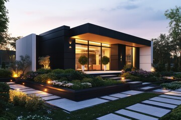 A striking urban house with contrasting black and white walls, linear gardens, and mood lighting