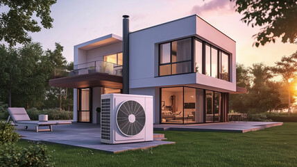 Modern house with heat pump. Heating and energy concept for architect's house with plot for family. New residential building with garden