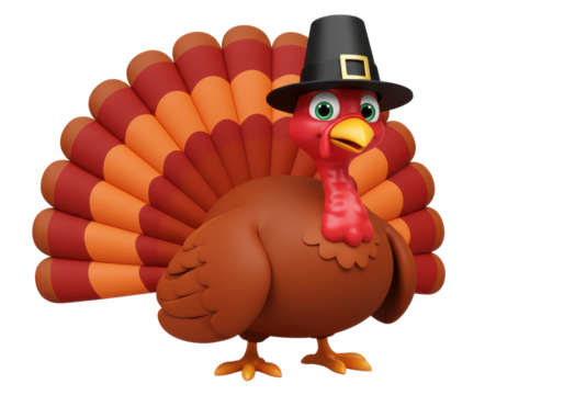 Cartoon turkey wearing a black pilgrim hat, vibrant colors, isolated on white background