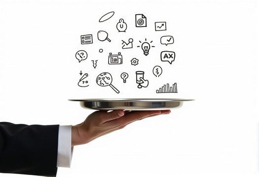 reative Business Concepts on a Silver Tray - Hand-Drawn Doodles for Innovation and Strategy