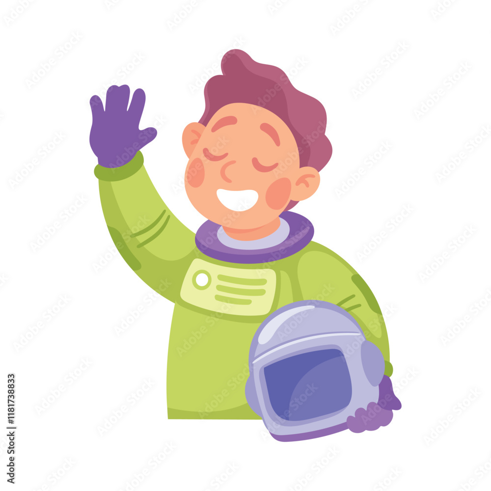 Poster boy astronaut character in outer space exploring universe vector illustration