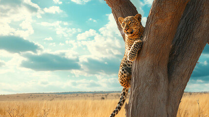 Leopard in the savannah watching its prey. Wild animal on the tree in the wilderness. Big Cat climbing