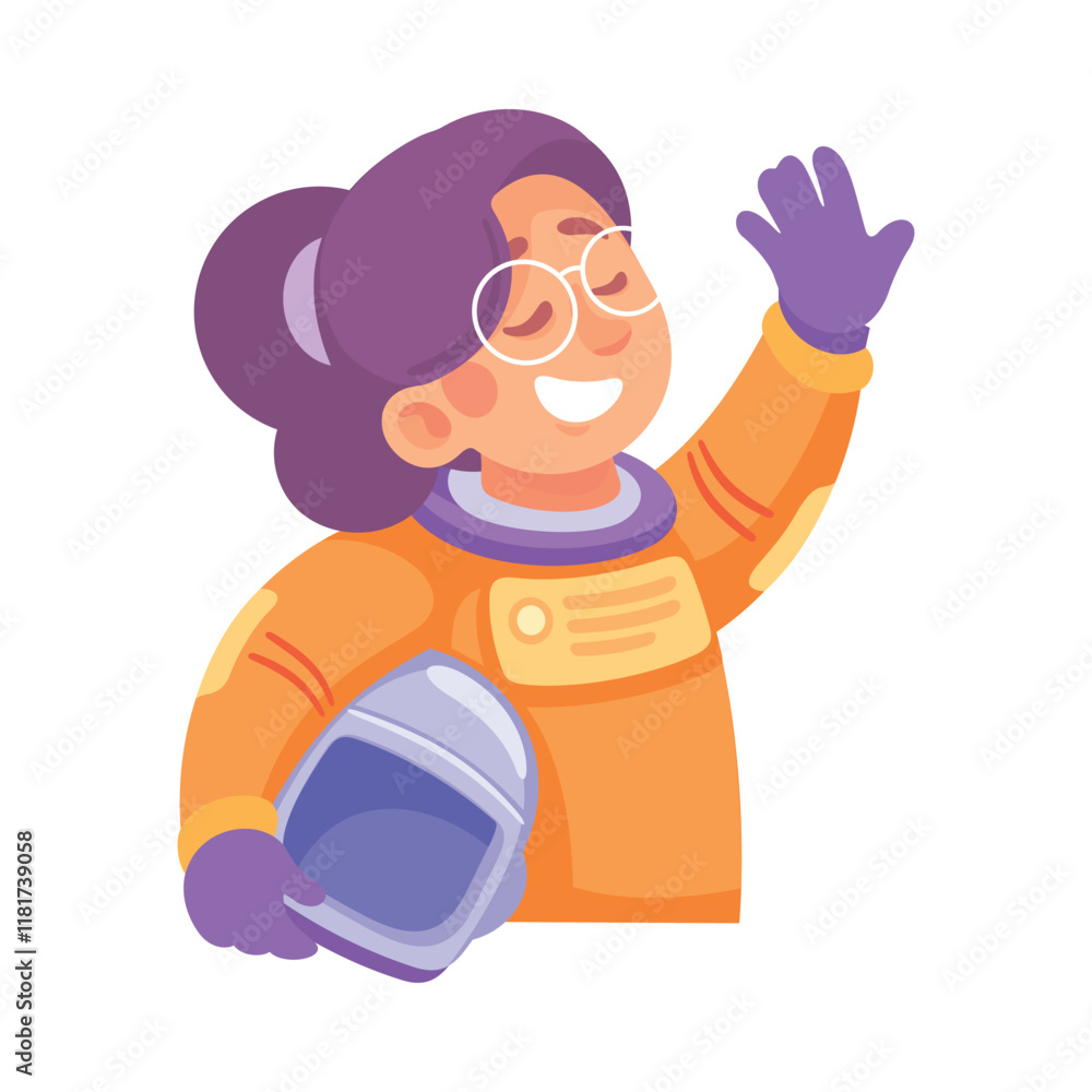 Poster girl astronaut character in outer space exploring universe vector illustration