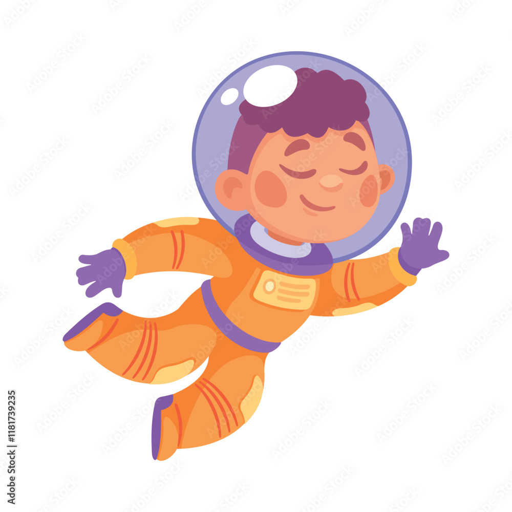 Poster boy astronaut character in outer space exploring universe vector illustration