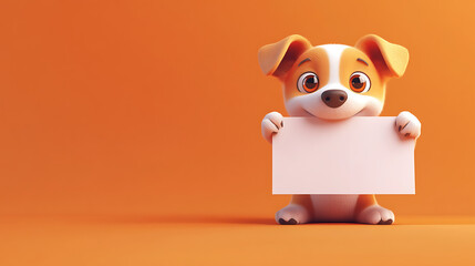 A cute cartoon dog holding a blank sign against an orange background.