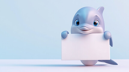 A cartoon dolphin cheerfully holds a blank sign against a light blue background.