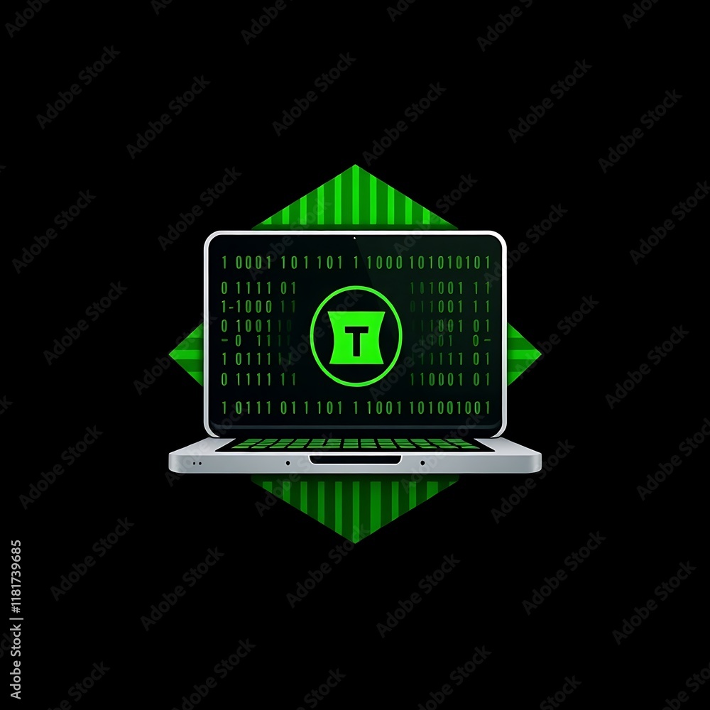 Poster cybersecurity innovation: sleek laptop displaying encrypted data with a prominent green security sym