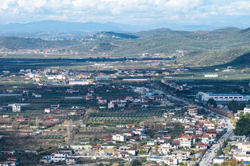 Panoramic view over Berat and natural surroundings in Berat, Albania