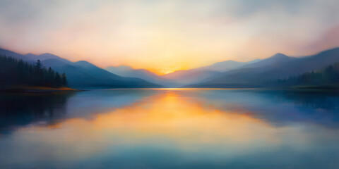 Fototapeta premium serene lake at sunset, reflecting mountains and trees in soft colors.