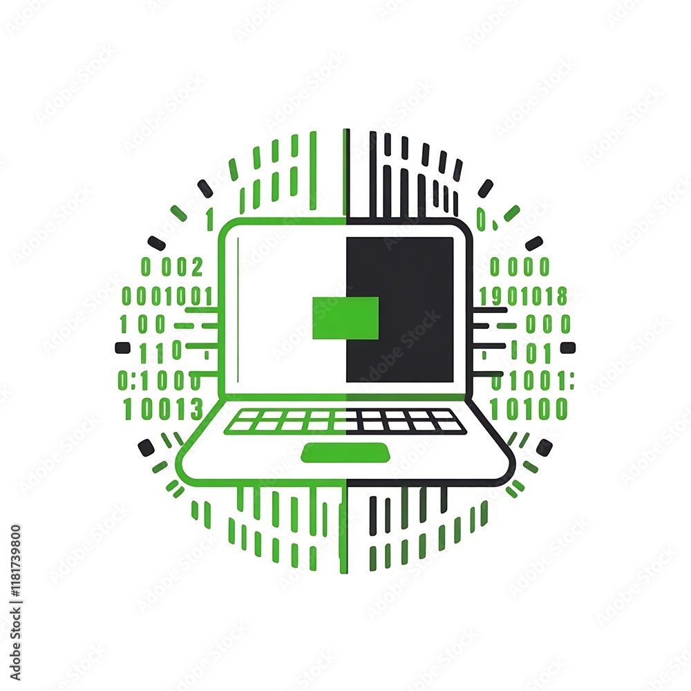 Poster digital transformation: a stylized laptop icon split between green and black, encircled by binary co