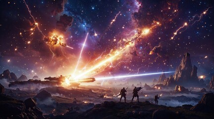 Epic Space Battle with Explosions and Laser Beams in a Starry Cosmic Landscape