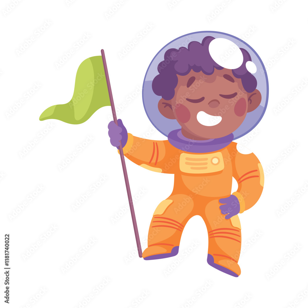 Poster boy astronaut character in outer space exploring universe vector illustration