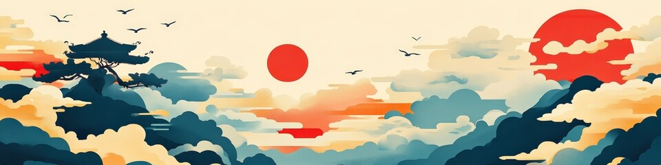 A serene landscape featuring stylized mountains, clouds, and sun, evoking tranquility.