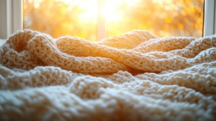 Cozy Knit Blanket by the Window, Warm Autumn Sunlight