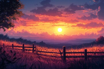 Fence leading into sunset with vibrant sky and green fields