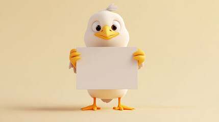 A cartoon bird holding a blank sign in a light background, inviting messages or creativity.