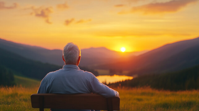 Senior man sitting on bench, enjoying sunset view over mountains and lake, surrounded by nature beauty and tranquility.