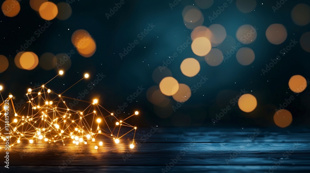Poster twinkling lights and soft bokeh background with a subtle dark blue gradient and wood surface