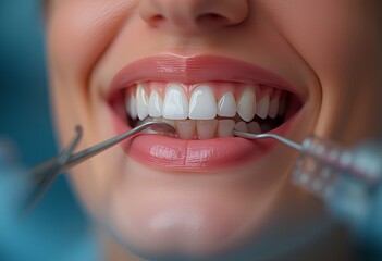 Fototapeta premium Close-up of dental tools examining perfect teeth