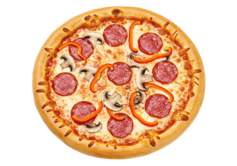 Pizza isolated on white background, top view, no depth of field, sharp.