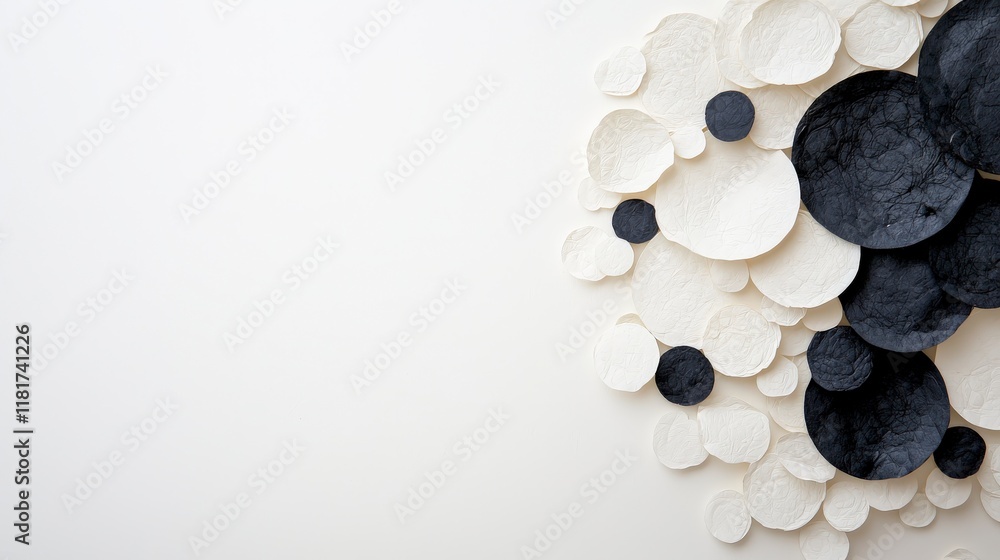 Poster abstract composition of textured paper circles in black and white contrasting shapes on neutral back