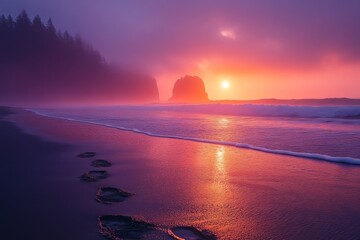 Sunset over the ocean with footprints on the sandy beach