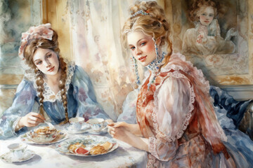 two young women in period costumes sitting at a table enjoying tea.  