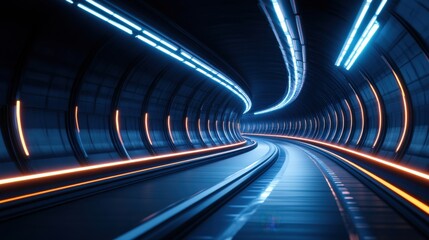 Obraz premium Futuristic Underground Tunnel with Bright Neon Lights and Curved Perspective Perspective View of the Pathway