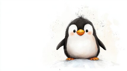 Fototapeta premium Cute cartoon penguin character with bright orange beak and fluffy feathers on a snowy background