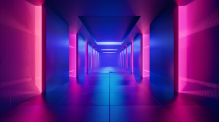 Futuristic Neon Lit Hallway Illustration with Vibrant Blue and Pink Glows