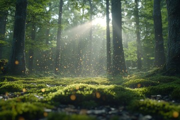Obraz premium Sunlit forest with moss-covered ground and trees in the background