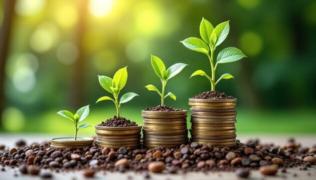 Sprouting plants on stacks of coins symbolizing eco-friendly investment and financial growth