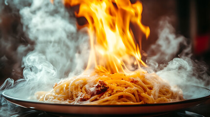 A plate of pasta ignited with flames, creating a dramatic culinary presentation.