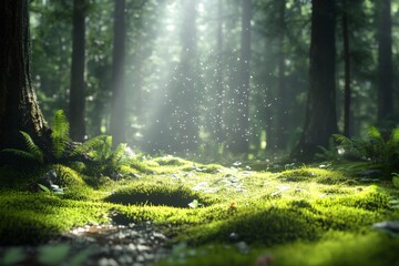 Obraz premium Moss-covered forest floor with sunlight filtering through trees