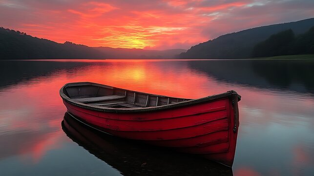 Red rowboat on calm lake at sunset.