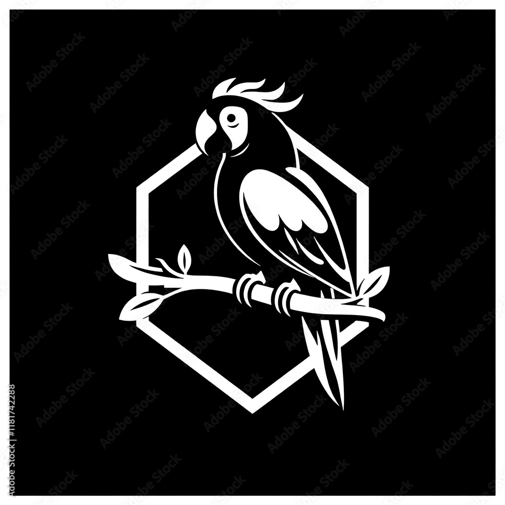 Poster parrot on branch in hexagon: a minimalist design featuring a parrot perched on a branch within a hex