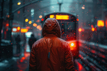 Naklejka premium a man in a red jacket with a hood standing on a railway platform on a winter evening. 