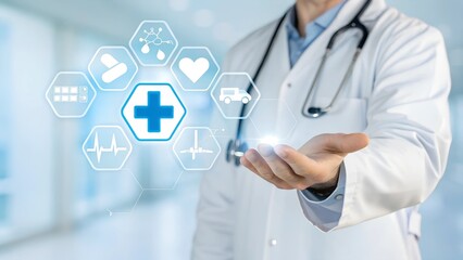 A professional healthcare concept featuring a doctor in a white coat with a stethoscope, holding out their hand. Floating above the hand are 3D glowing medical icons, including a blue cross symbol at 