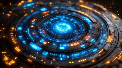 Fototapeta premium Futuristic circular tech interface with glowing blue core.