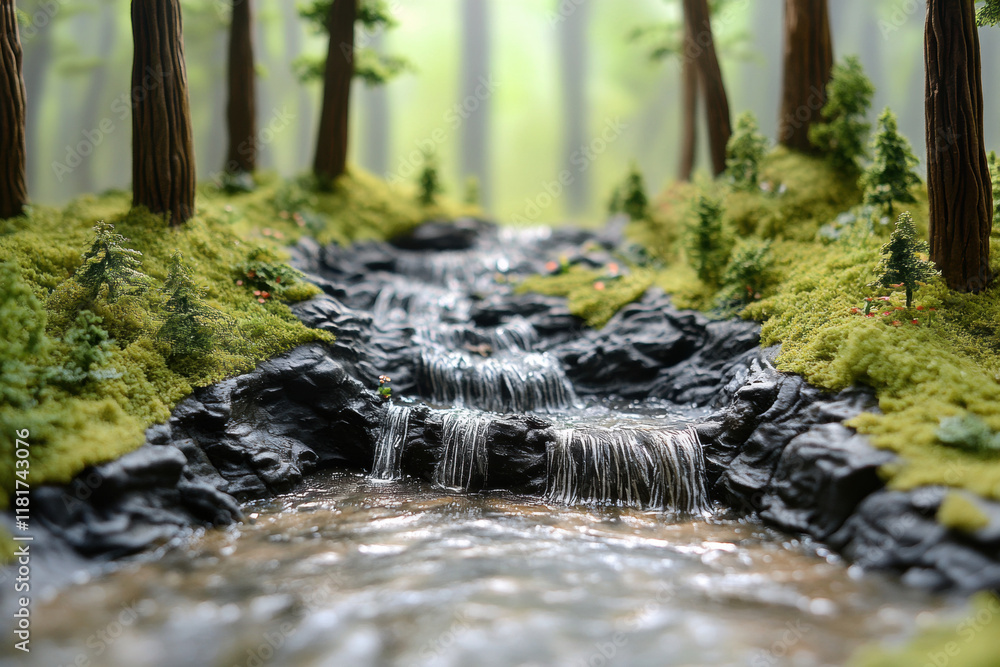 Poster claymation nature a serene forest scene featuring a gentle stream flowing over rocks, surrounded by 